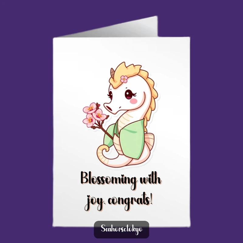 Free Printable Congrats Card: Seahorse in Green Kimono Blooms with Success