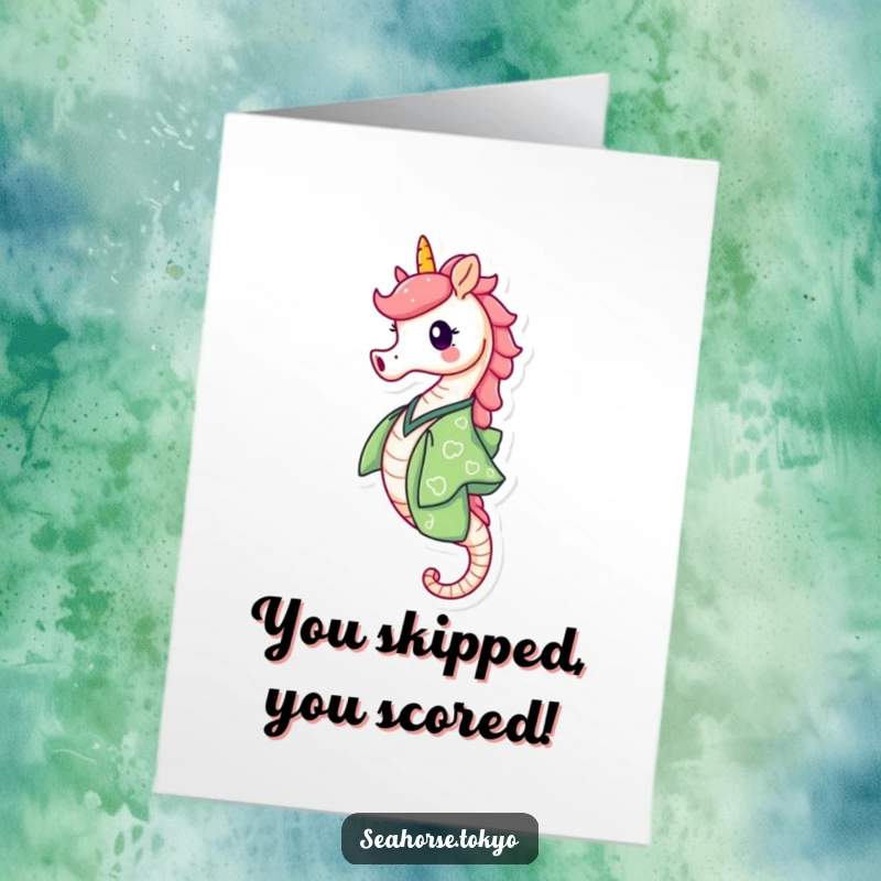 Free Printable Congratulations Card: a seahorse in a green kimono skipping happily, celebrating a wonderful achievement.