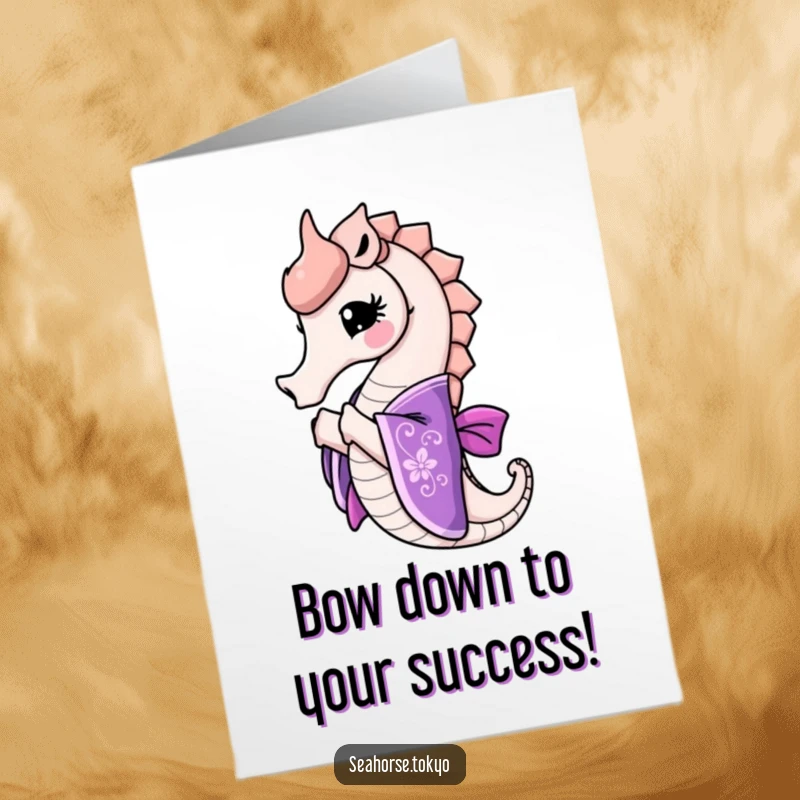 Funny Free Printable Congratulations Card: A delighted seahorse in a purple kimono bowing elegantly, perfect for any win.
