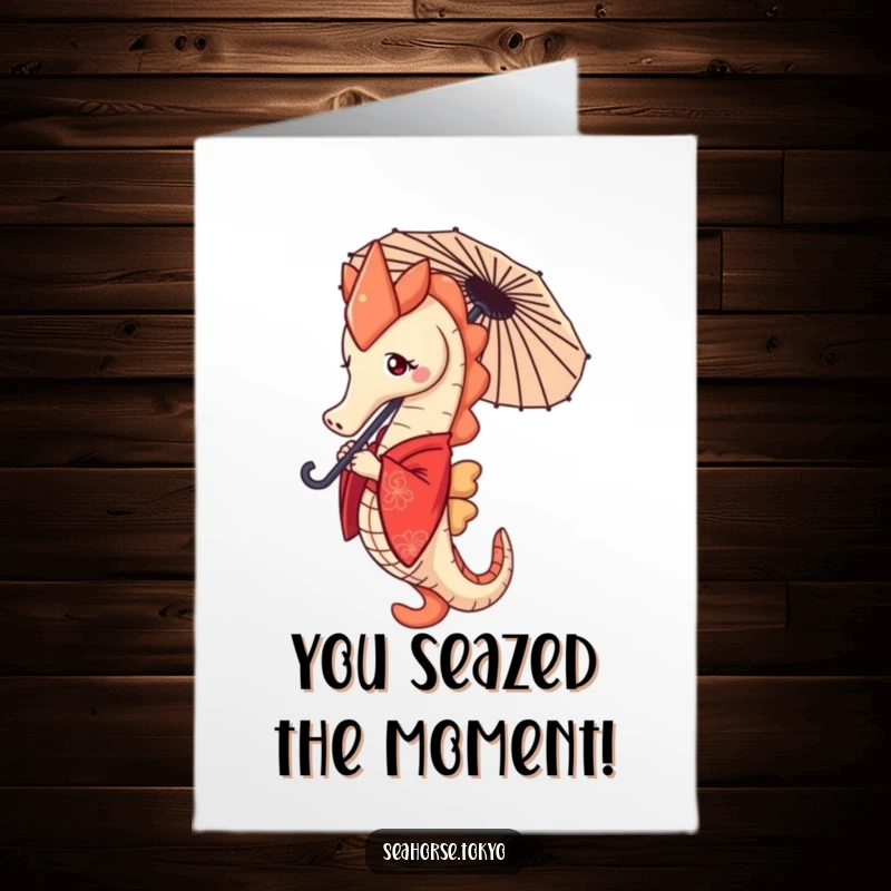 Funny Free Printable Congratulations Card with a seahorse in a red kimono holding a parasol, conveying sophisticated well wishes.