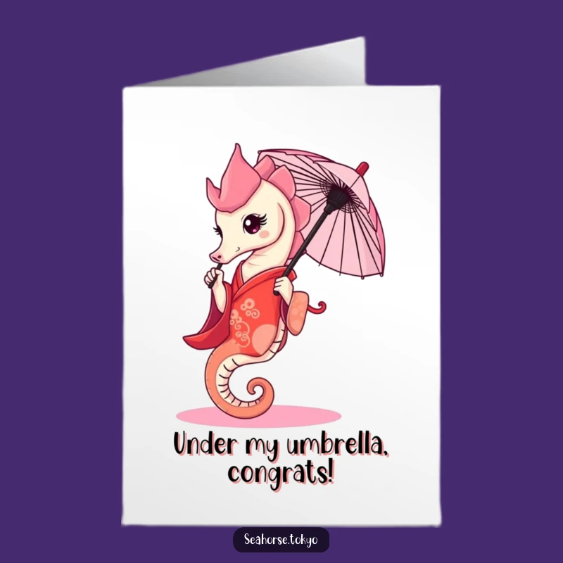 Free Printable Congrats Card: Seahorse in Red Kimono Holds Umbrella for Success