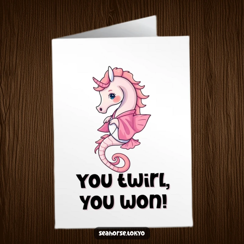 Free Printable Congratulations Card: a seahorse wearing a pink kimono gracefully twirling, celebrating a special occasion.
