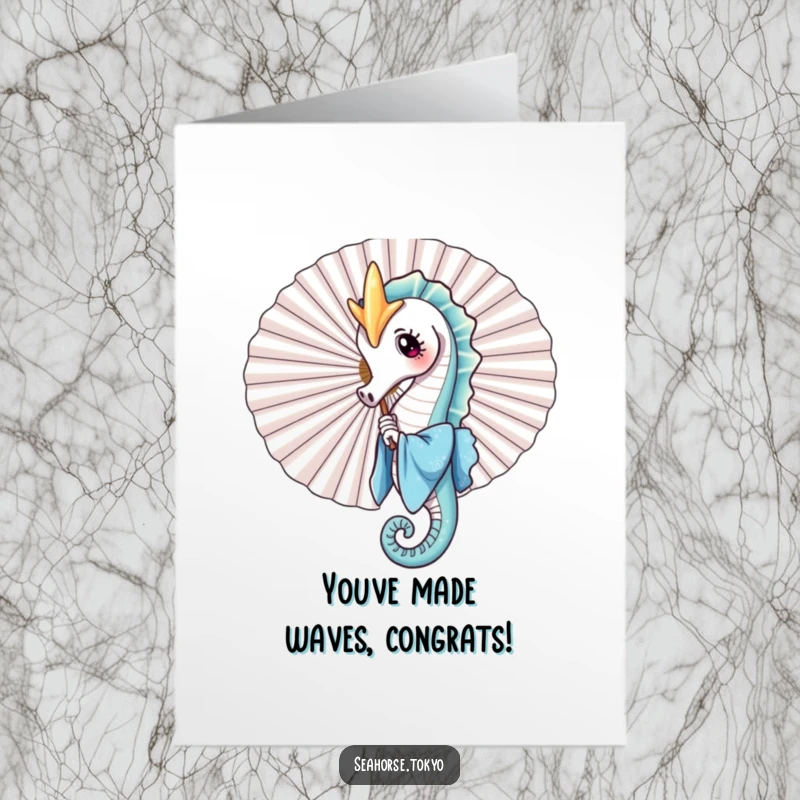 Free printable congratulations card with a cute seahorse in a blue kimono playfully peeking out from behind a large fan, celebrating joyfully.