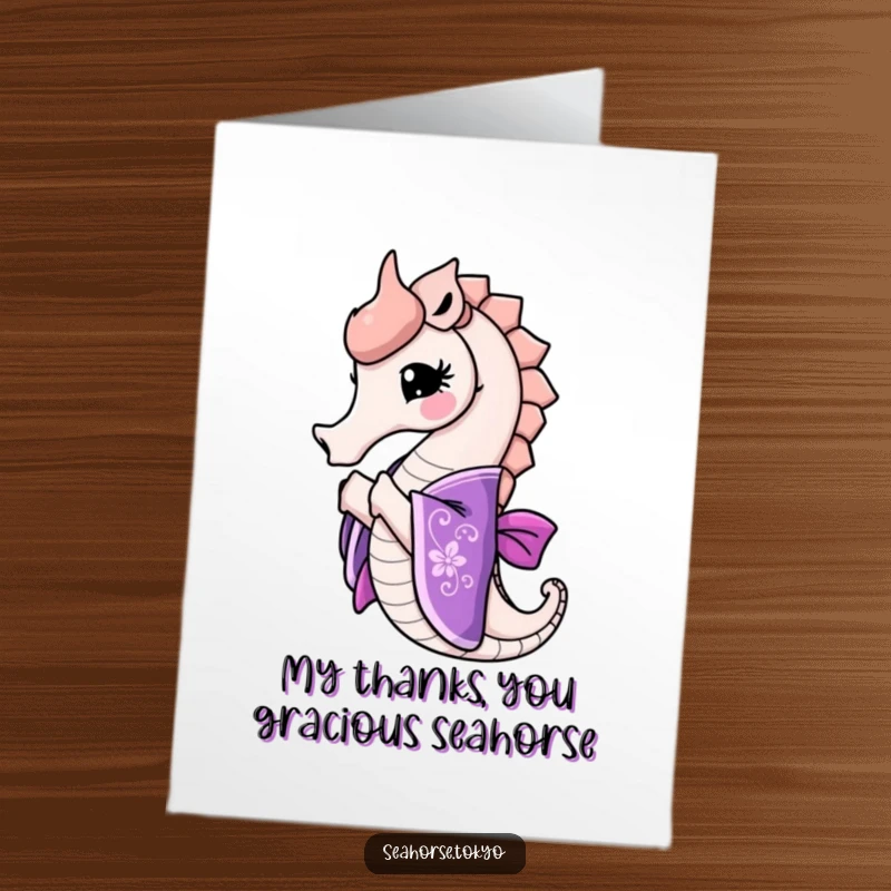 Funny Free Printable Thank You Card: Elegant seahorse in a purple kimono bowing gracefully, a humorous way to say thanks.