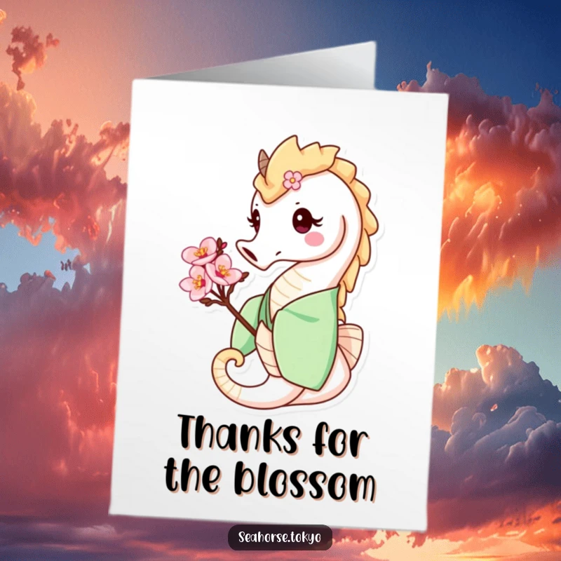 Funny Free Printable Thank You Card: Smiling seahorse in green kimono holding a cherry blossom, a sweet symbol of thanks.