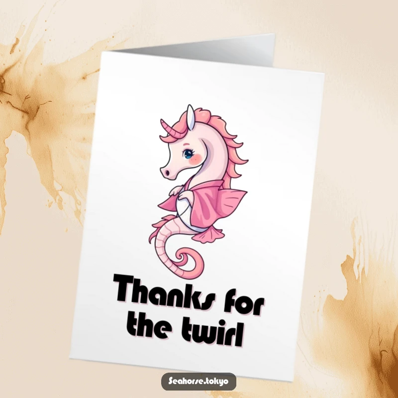Free Printable Thank You Card: a seahorse in a pink kimono twirling gracefully, conveying sincere thanks.