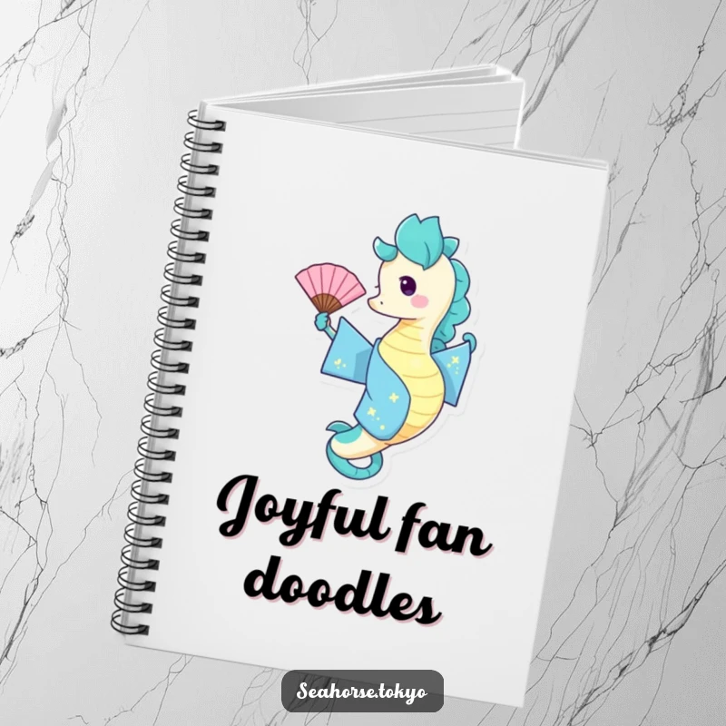 Funny Notebook cover with a seahorse in a blue kimono playfully waving a fan, ideal for jotting down cheerful ideas.