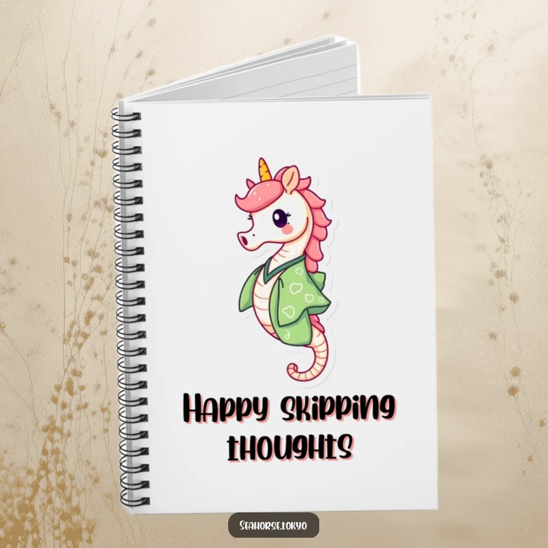 Funny Notebook cover with a happy seahorse in a green kimono skipping with delight, ideal for jotting down cheerful ideas.