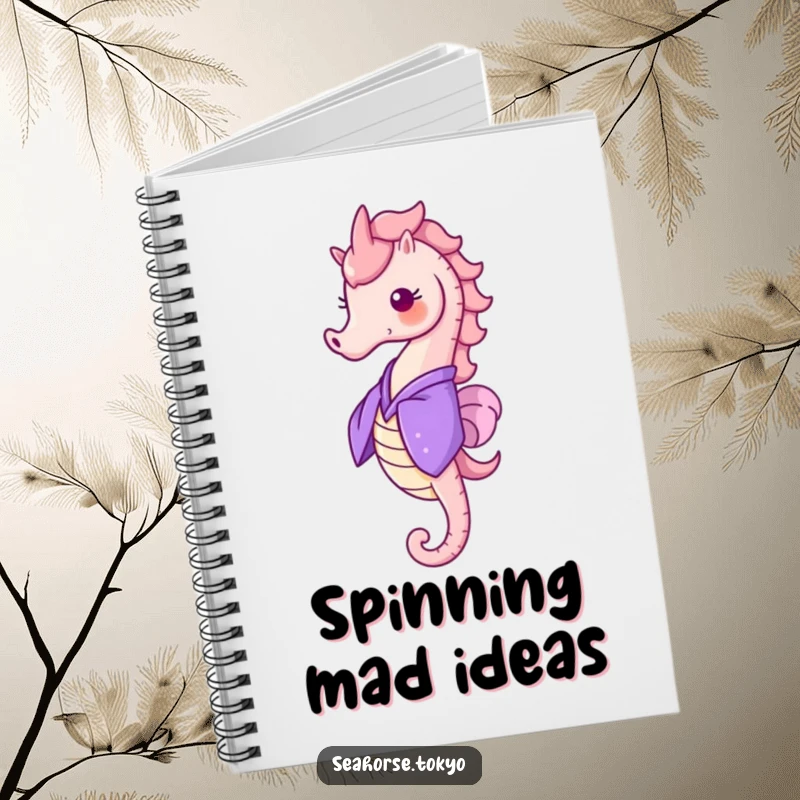 Funny Notebook featuring a cheerful seahorse in a purple kimono, doing a little happy spin, for notes.