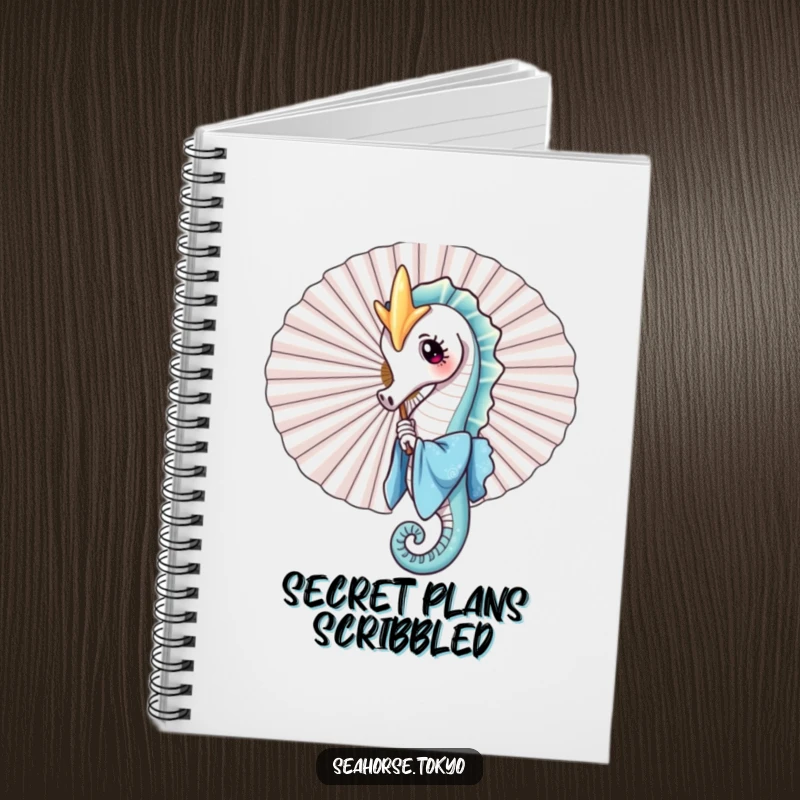 A funny notebook cover with a seahorse in a blue kimono playfully peeking from behind a large fan, encouraging creative expression and playful note-taking.