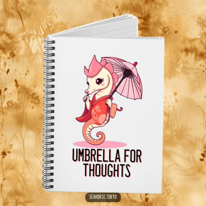 Funny Notebook featuring a graceful seahorse in a red kimono, elegantly holding a tiny umbrella, for notes.