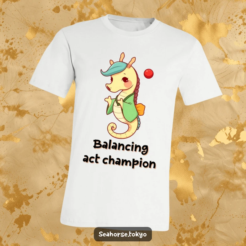 Funny cheerful seahorse wearing a stylish green kimono, enthusiastically tossing a small red ball, full of playful energy.