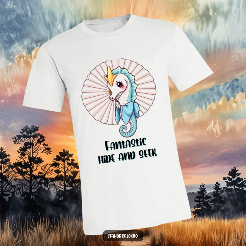 A funny t-shirt featuring a charming seahorse in a blue kimono playfully peeking from behind a large fan, perfect for humorous and casual wear.