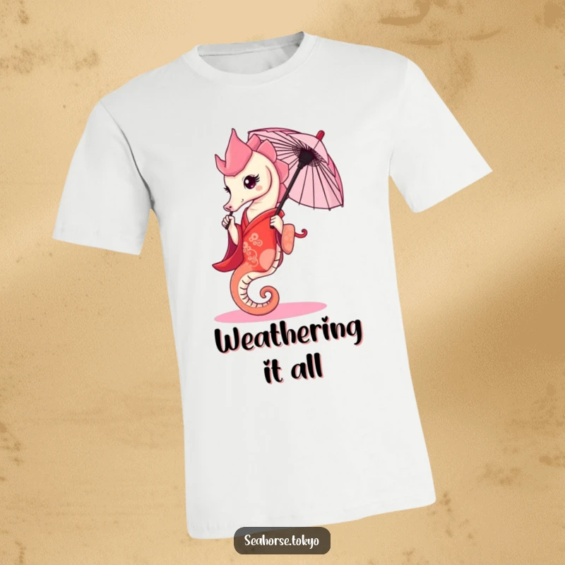 Funny T-Shirt with a graceful seahorse in a red kimono, elegantly holding a tiny umbrella, exuding charm.