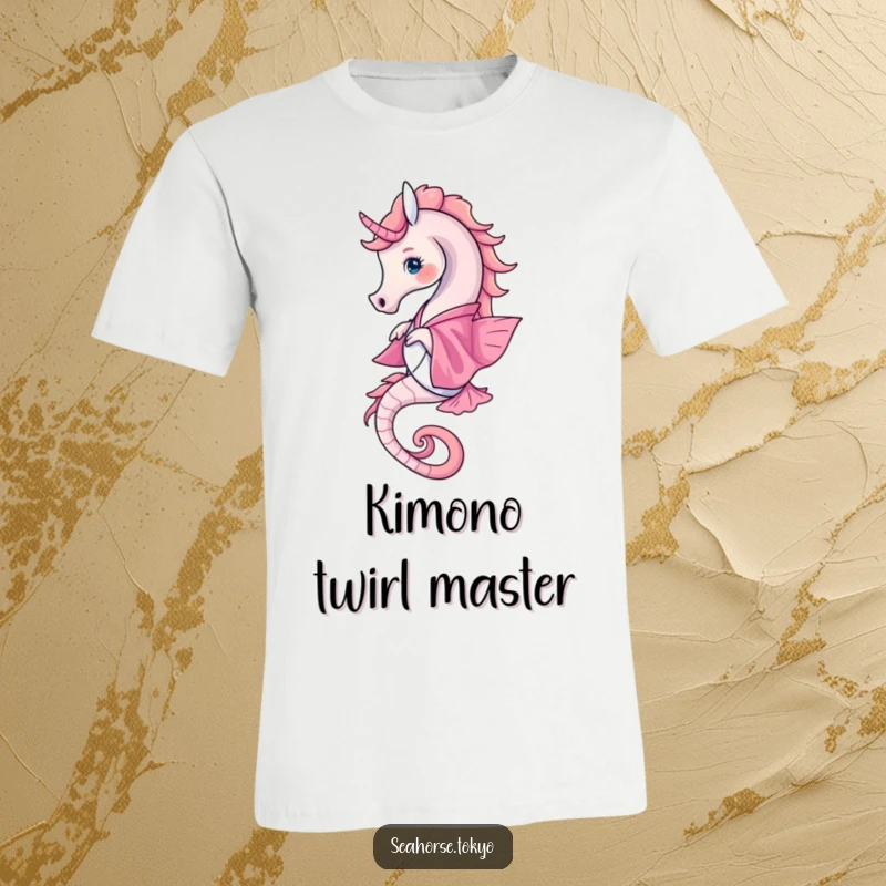 Funny T-Shirt with a seahorse gracefully twirling in a vibrant pink kimono, capturing fluid motion and style.