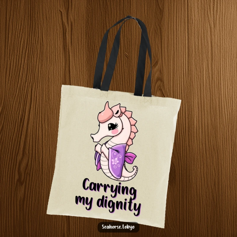 Funny seahorse in an ornate purple kimono bowing gracefully, making this tote bag a stylish and humorous accessory.