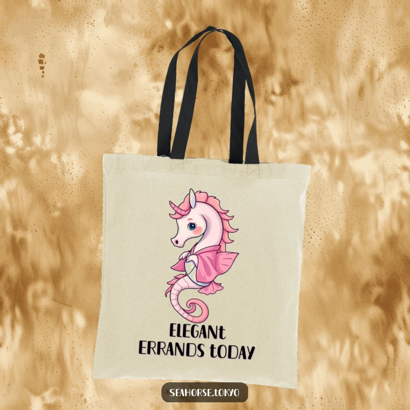Funny Tote Bag illustrating a seahorse in a pink kimono twirling gracefully, a chic accessory for carrying daily items.