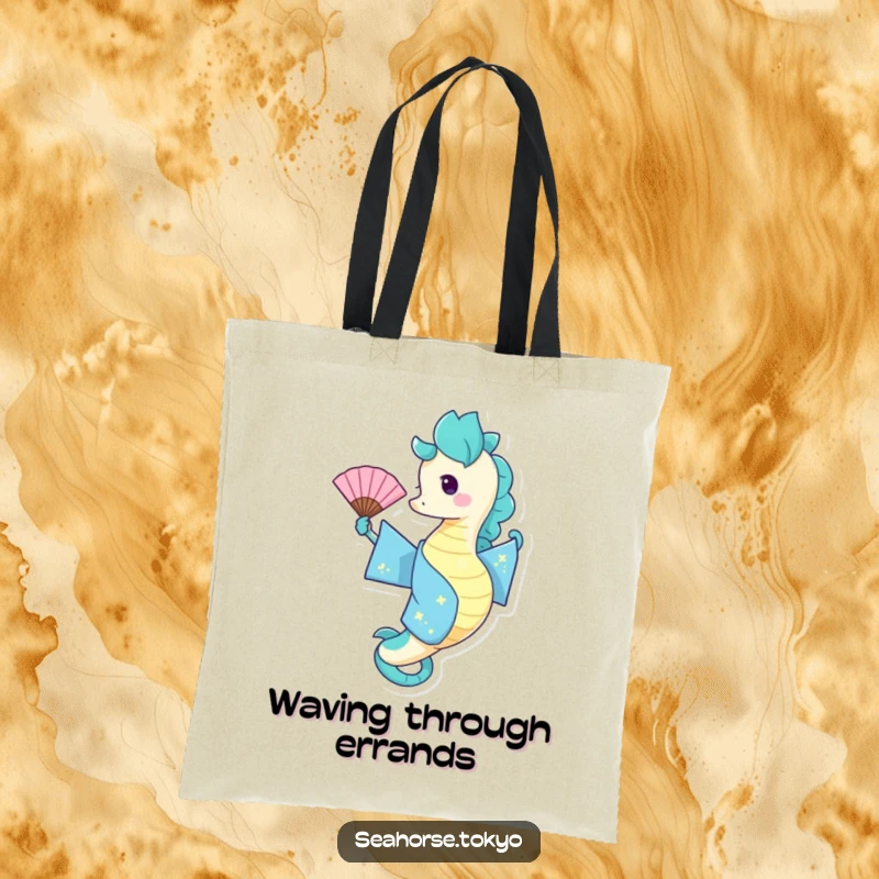 Funny Tote Bag showing a seahorse in a blue kimono playfully waving a fan, a cheerful accessory for everyday use.