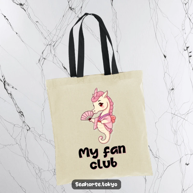 Funny Tote Bag with a tiny seahorse in a pink kimono, playfully waving a small fan, stylish and practical.