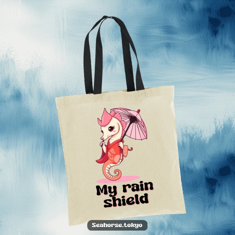 Funny Tote Bag with a graceful seahorse in a red kimono, elegantly holding a tiny umbrella, for stylish carrying.
