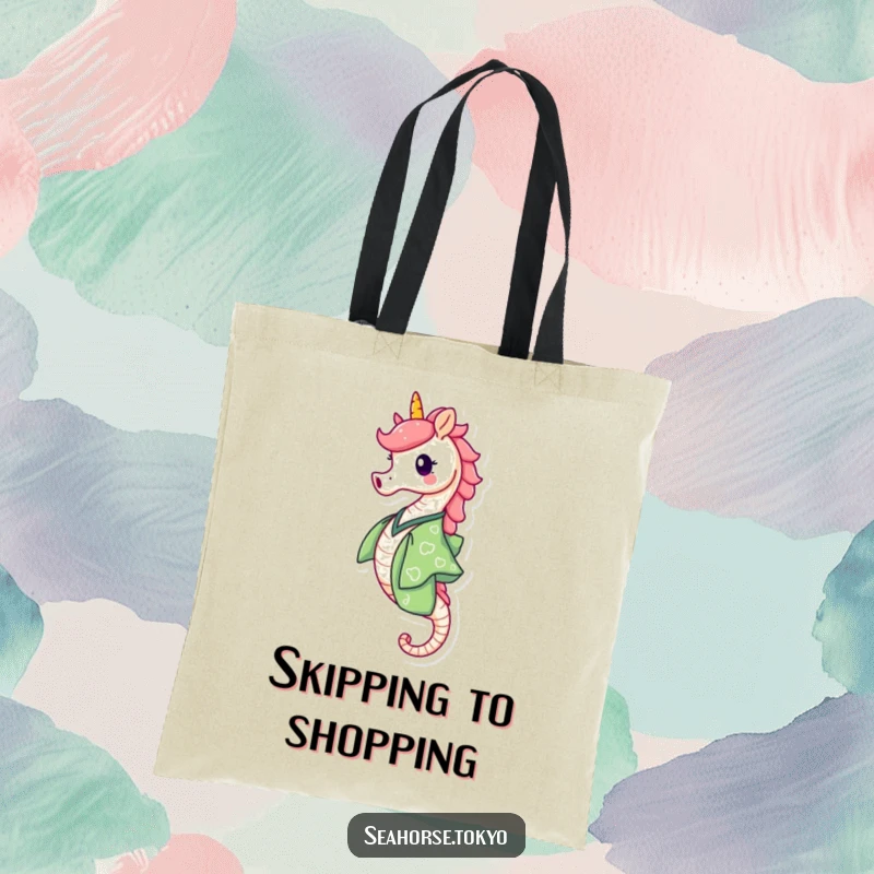 Funny Tote Bag illustrating a happy seahorse in a green kimono skipping with delight, a cheerful accessory for everyday use.