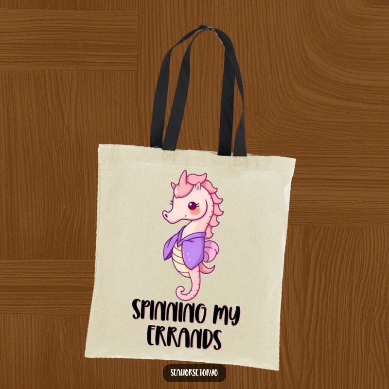 Funny Tote Bag with a cheerful seahorse in a purple kimono, doing a little happy spin, stylish and practical.